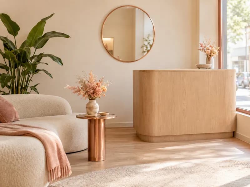 Receção com um sofá creme, flores secas e detalhes em cobre