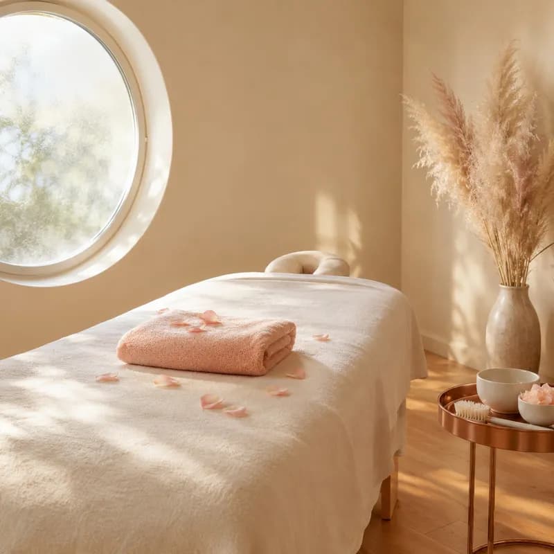 Uma cabine de tratamento calma em tons creme e cobre, toalhas dobradas e luz natural suave