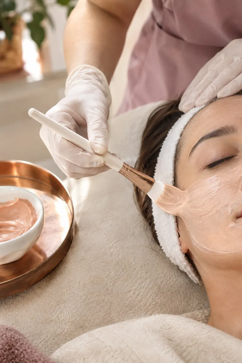 Mãos a aplicar uma máscara facial profissional numa cabine luminosa
